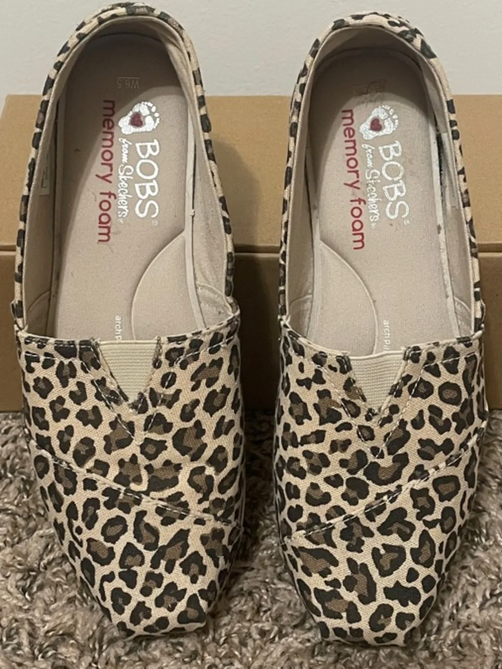Skechers BOBS Leopard Print Slip-On Flats - Tan/Black